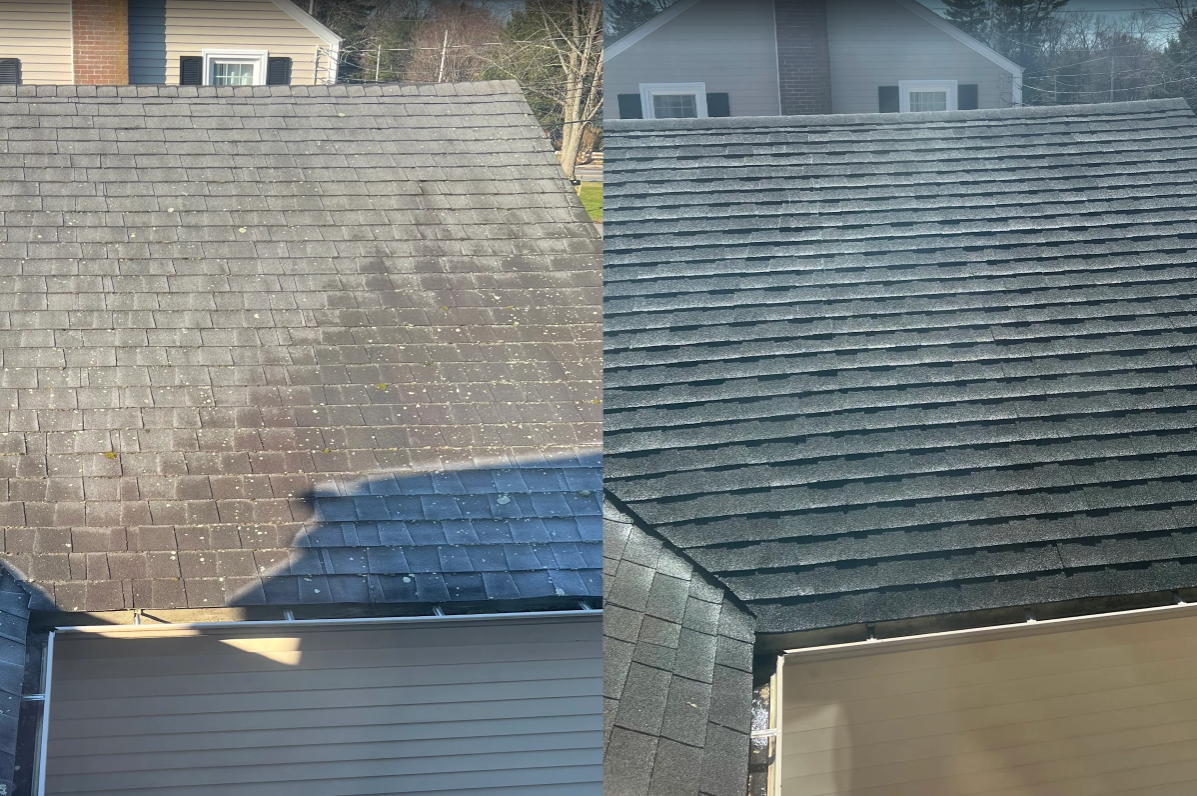 Before and after comparison showing dirty roof with black streaks and algae on left transformed to clean restored roof on right after professional soft wash cleaning in Rhode Island