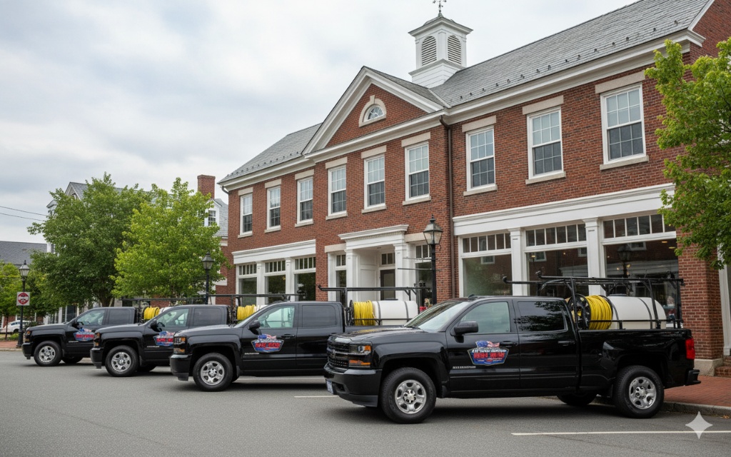 J&M Power Washing commercial fleet with multiple professional service trucks ready to handle large-scale HOA and condominium property cleaning projects throughout Rhode Island and Massachusetts