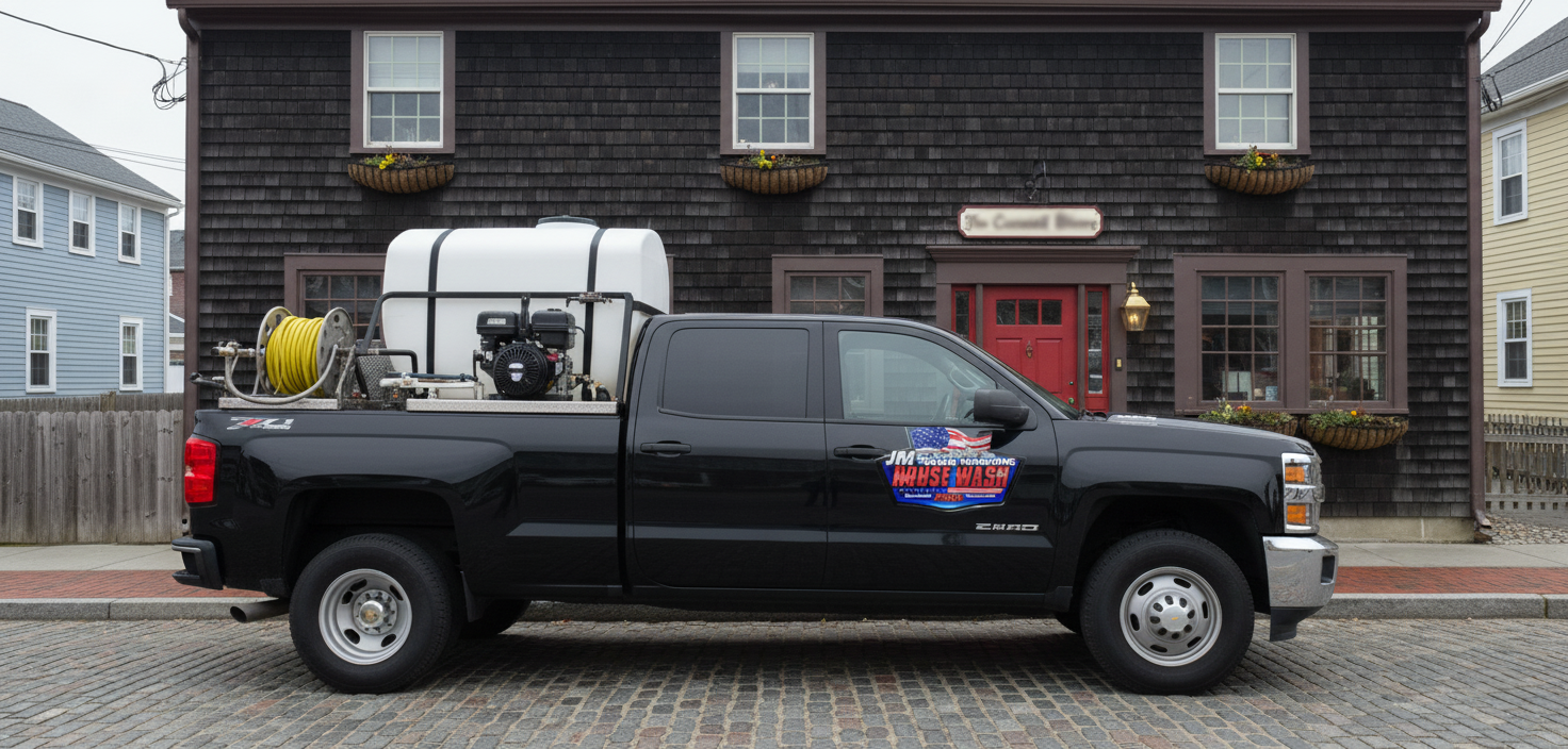 J&M Power Washing professional service truck equipped with commercial-grade soft washing systems for HOA and condo property maintenance throughout Rhode Island and Massachusetts