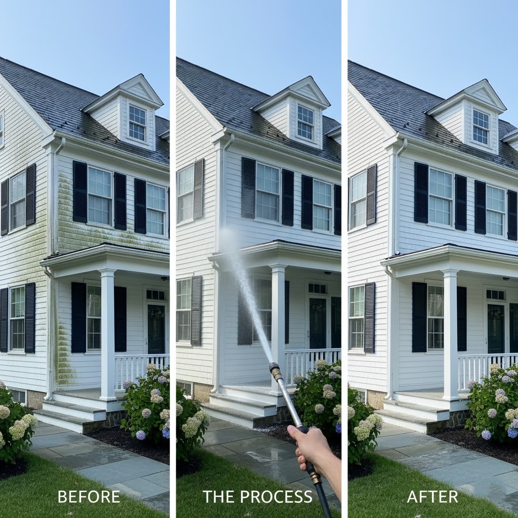 House washing process showing before, during soft wash application, and after results on white colonial home in Rhode Island
